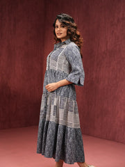 Indigo Harmony Printed Tiered Midi Dress