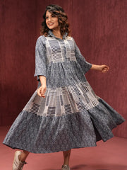 Indigo Harmony Printed Tiered Midi Dress