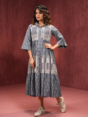 Indigo Harmony Printed Tiered Midi Dress