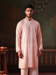 Men's Embroidered Peach Cotton-Viscose Panjabi