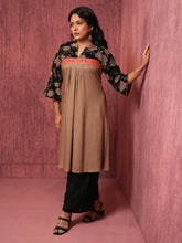 Mocha Bloom Linen-Viscose Ethnic Top