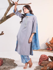 Elegant Slate Grey Zardozi Embroidered Salwar Kameez with Digital Printed Dupatta & Pajama Set