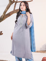 Elegant Slate Grey Zardozi Embroidered Salwar Kameez with Digital Printed Dupatta & Pajama Set