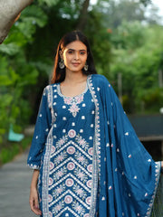 Elegant Blue Floral Embroidered Kurta Set with Dupatta