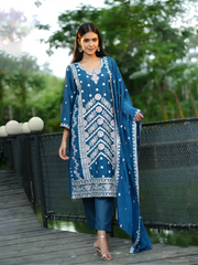 Elegant Blue Floral Embroidered Kurta Set with Dupatta