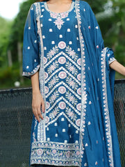 Elegant Blue Floral Embroidered Kurta Set with Dupatta