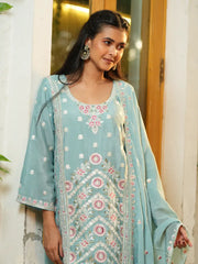 Elegant Blue Floral Embroidered Kurta Set with Dupatta