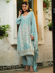 Elegant Blue Floral Embroidered Kurta Set with Dupatta