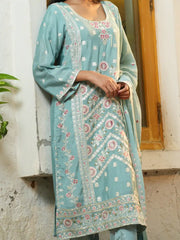 Elegant Blue Floral Embroidered Kurta Set with Dupatta