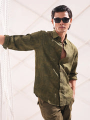 Tropical Palm Jacquard Shirt - Olive Green Color