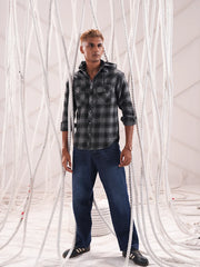 Men’s grey and black checkered Flannel Hooded Shirt