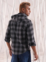 Men’s grey and black checkered Flannel Hooded Shirt