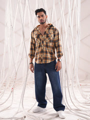 Men’s Mustard Check Flannel Hooded Shirt