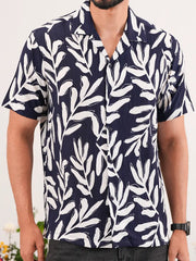 Navy Leaf Digital Printed Cuban Collar Shirt