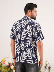 Navy Leaf Digital Printed Cuban Collar Shirt