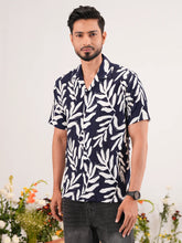Navy Leaf Digital Printed Cuban Collar Shirt