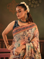 Pastel Floral Half Silk Digital Printed Saree