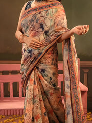 Pastel Floral Half Silk Digital Printed Saree
