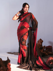 Crimson Contrast Geometric Printed Chiffon Saree