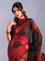 Crimson Contrast Geometric Printed Chiffon Saree