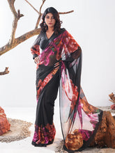 Midnight Bloom Digital Printed Chiffon Saree