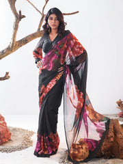 Midnight Bloom Digital Printed Chiffon Saree