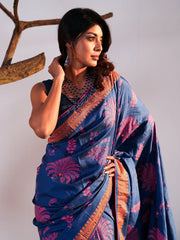 Indigo Bloom Hand-Embroidered Silk Saree