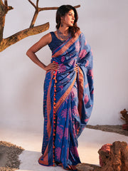 Indigo Bloom Hand-Embroidered Silk Saree