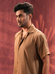 Men’s Camel Linen Blend Cuban Collar Shirt