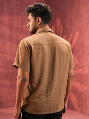 Men’s Camel Linen Blend Cuban Collar Shirt