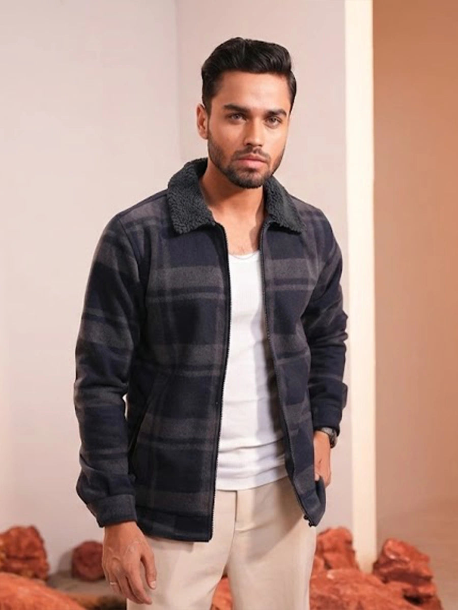 Men’s Wintercheck Fleece Jacket with Fur Collar