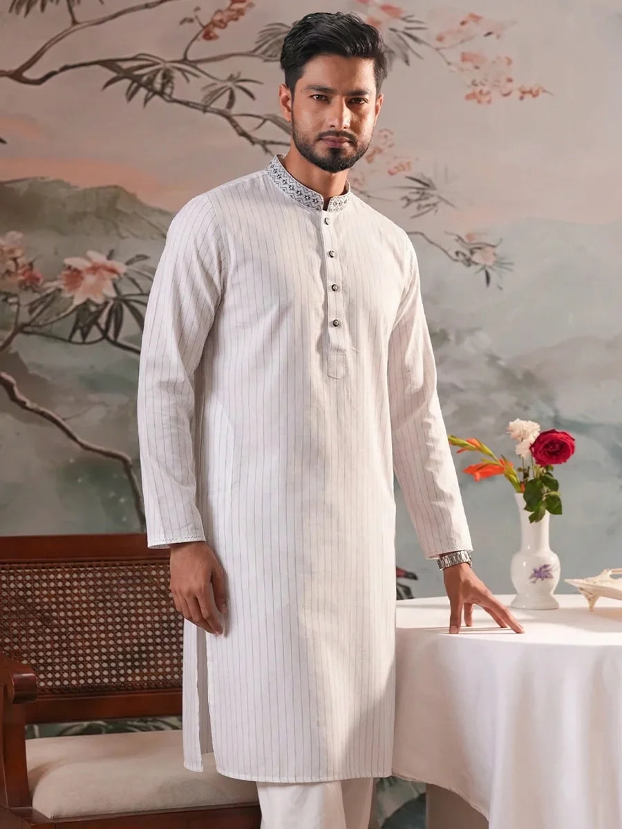 Men's White Embroidered Panjabi
