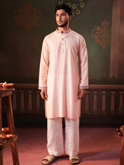 Men's Embroidered Peach Cotton-Viscose Panjabi