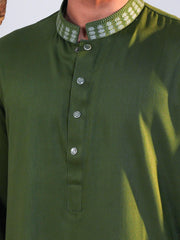 Men's Embroidered Olive Green Panjabi