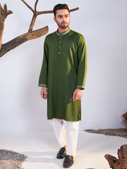 Men's Embroidered Olive Green Panjabi