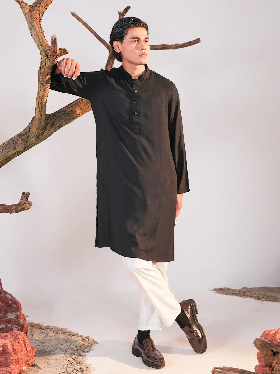 Men's Premium Black Jacquard Panjabi