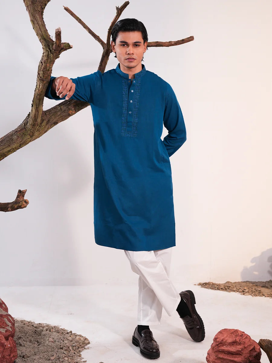 Men's Teal Blue Embroidered Panjabi