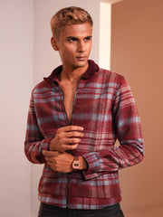 Men’s Winter check Fleece Jacket with Fur Collar