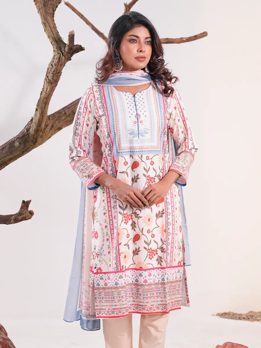 Ivory Bloom Digital Printed Crepe Silk 3-Piece Suite