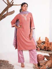 Elegant Dusty Rose Zardozi Work Kameez with Digital Printed Salwar Dupatta Set