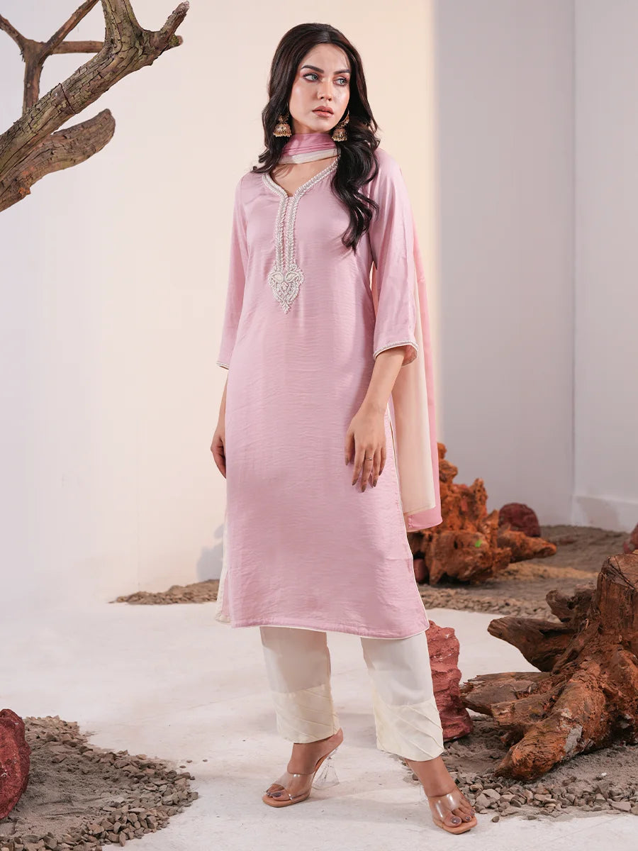 Rose Radiance Zardozi Embroidered Silk Kurta Set