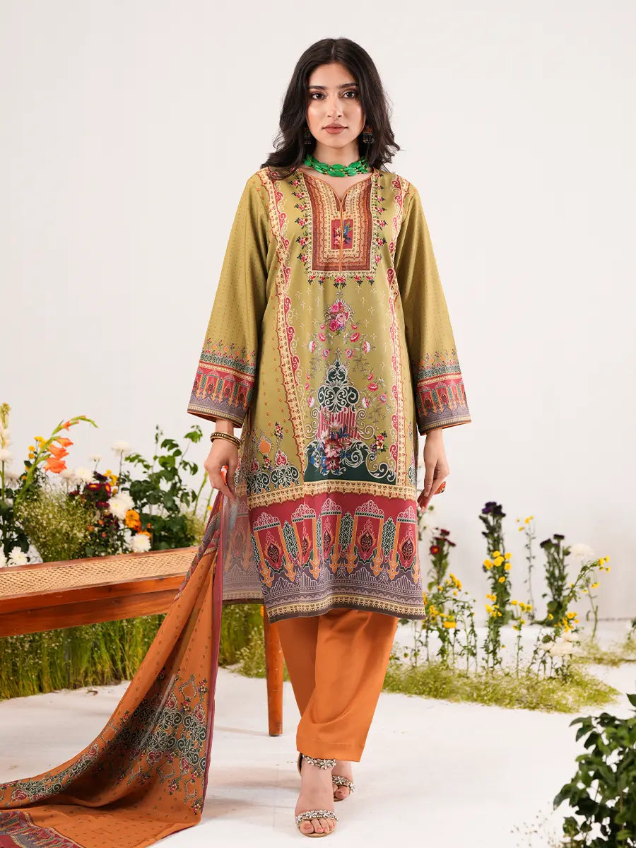 Olive Oasis Digital Printed Shamuk Silk Ensemble