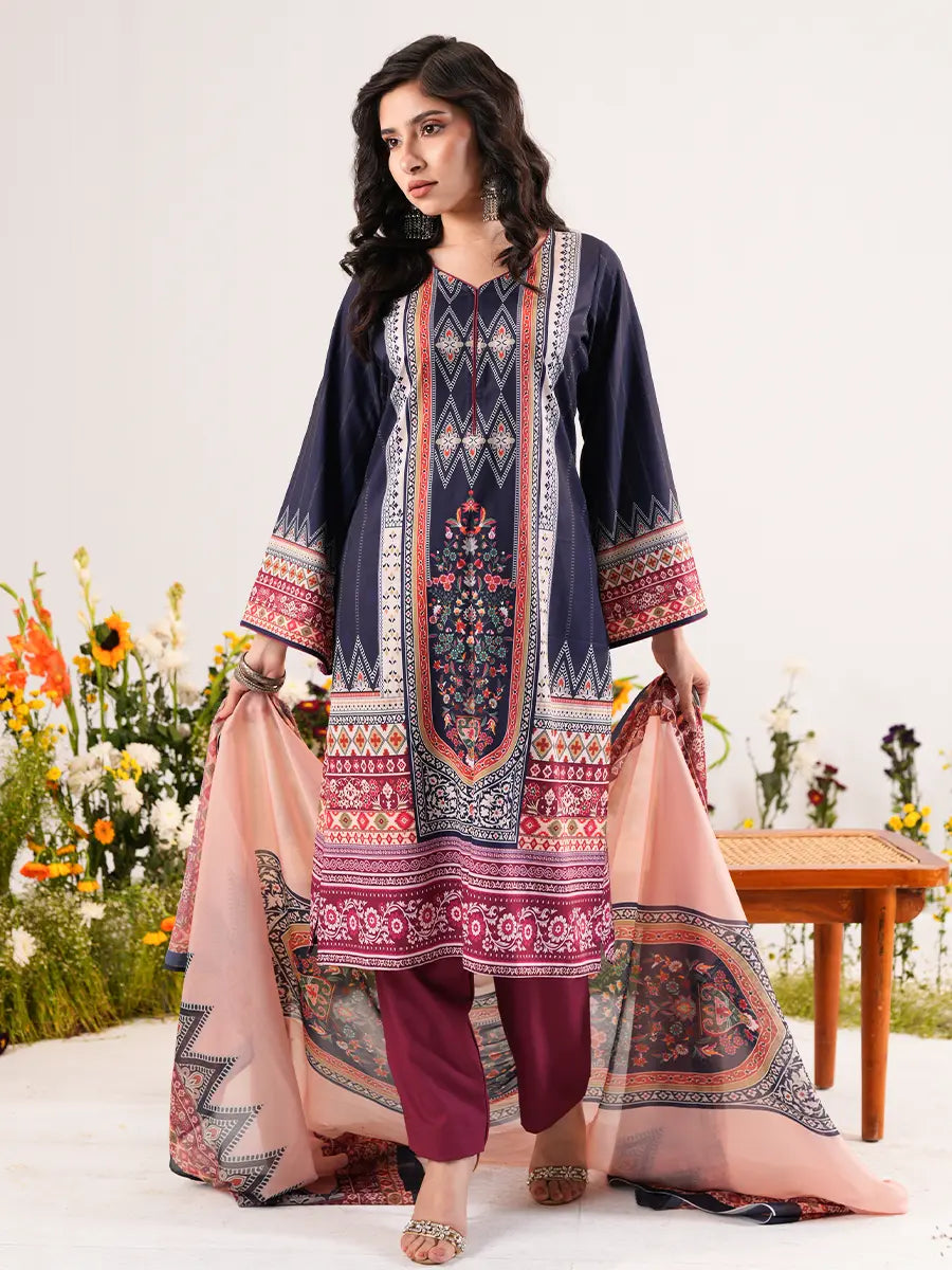 Midnight Bloom Digital Printed Shamuk Silk Ensemble
