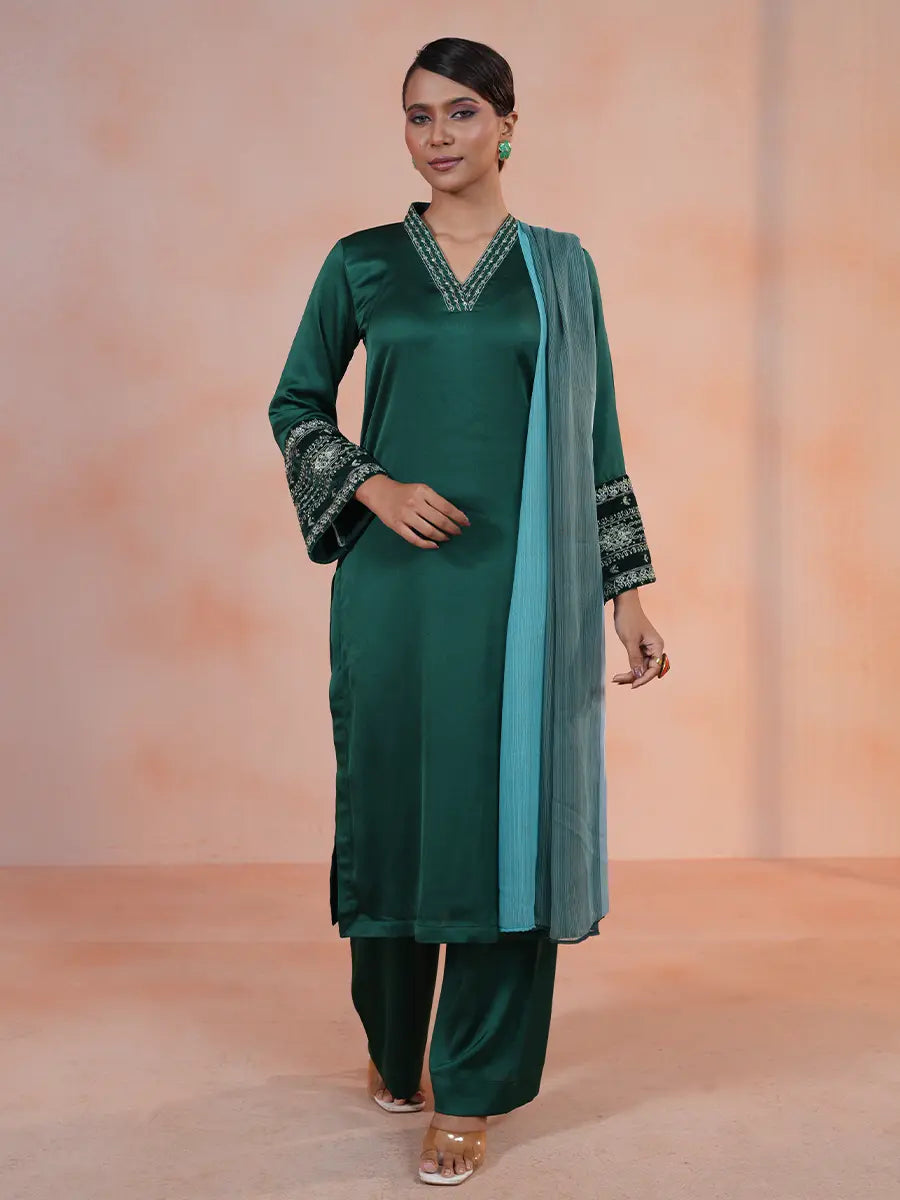 Emerald Opulence Zardozi Crepe Silk Suit Set