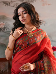 Royal Crimson All-Over Digital Printed Half-Silk Saree