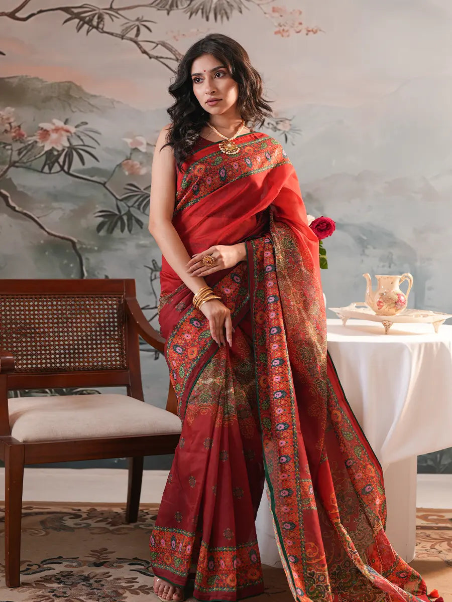 Royal Crimson All-Over Digital Printed Half-Silk Saree