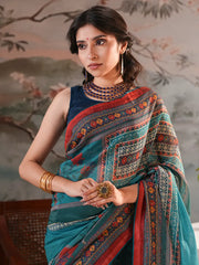 Midnight Teal Heritage Digital Printed Half-Silk Saree
