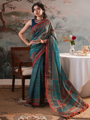Midnight Teal Heritage Digital Printed Half-Silk Saree