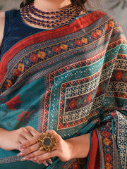 Midnight Teal Heritage Digital Printed Half-Silk Saree