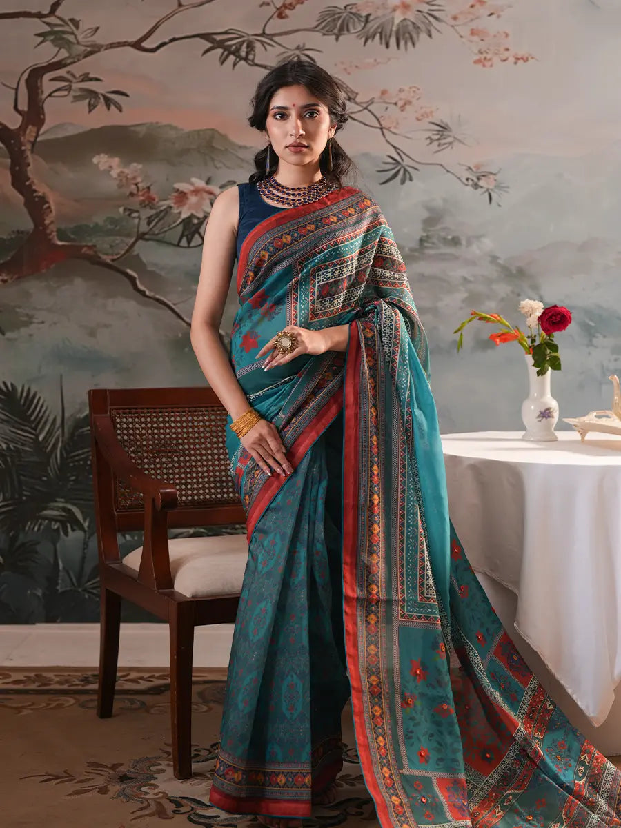 Midnight Teal Heritage Digital Printed Half-Silk Saree
